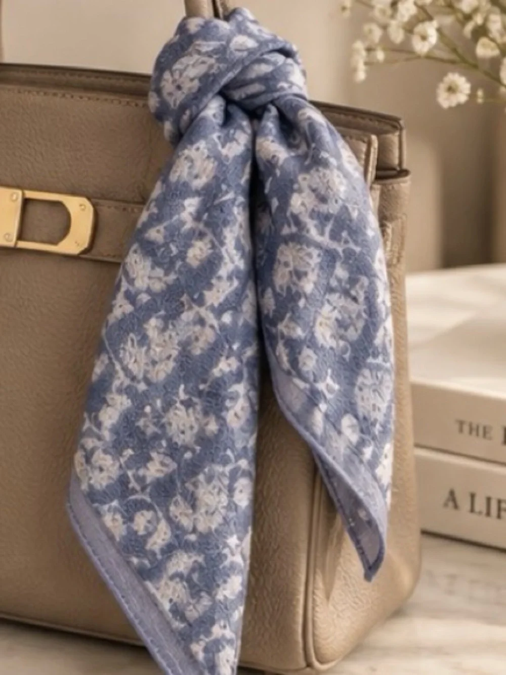 Blue & Ivory Designer-Inspired Toile Print Scarf Hair Tie